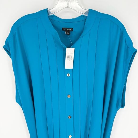 NWT* Ann Taylor Pleated Belted Button Front Cap Sleeve Dress Royal Blue Size 18 - Picture 5 of 15